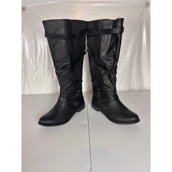 Avenue Pompton Black Tall Riding Boots Women’s 10W Wide Calf Buckle Strap Zip - Picture 6 of 11